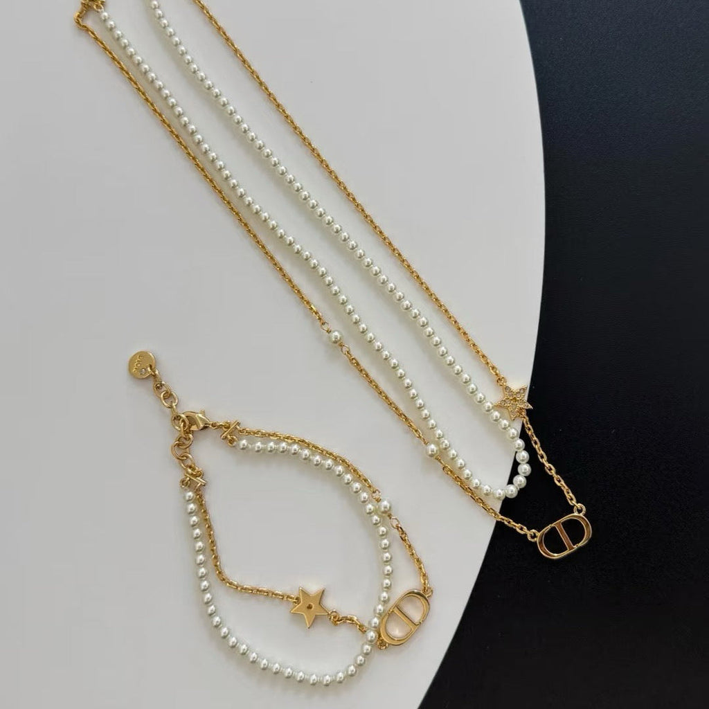 Dior Pearl Double Chain Necklace Bracelet